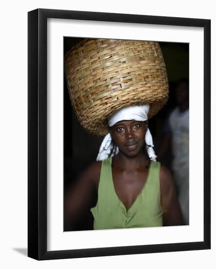 Sao Tomense Woman Carries Basket Full of Cocoa Beans, Cocoa Processing Plant in Agua Ize, Sao Tome-Camilla Watson-Framed Photographic Print