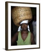 Sao Tomense Woman Carries Basket Full of Cocoa Beans, Cocoa Processing Plant in Agua Ize, Sao Tome-Camilla Watson-Framed Photographic Print