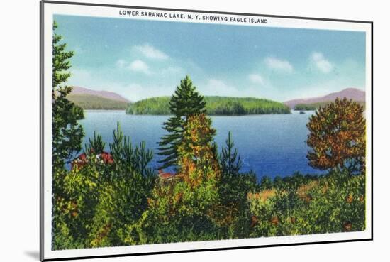 Saranac Lake, New York - Eagle Island and Lower Saranac Lake View-Lantern Press-Mounted Art Print