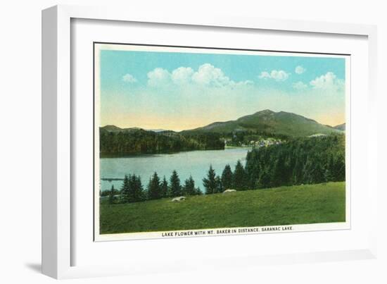 Saranac Lake, New York - View of Lake Flower with Mt. Baker in Distance-Lantern Press-Framed Art Print