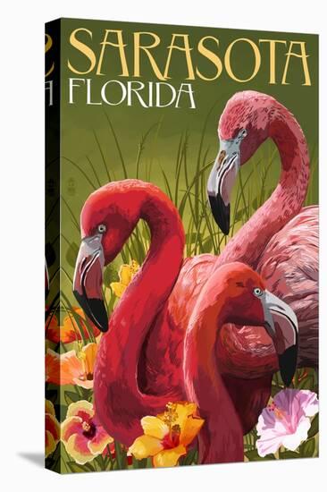 Sarasota, Florida - Flamingos-Lantern Press-Stretched Canvas