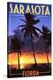 Sarasota, Florida - Palms and Sunset-Lantern Press-Stretched Canvas