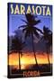 Sarasota, Florida - Palms and Sunset-Lantern Press-Stretched Canvas