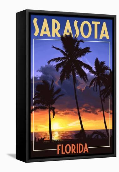 Sarasota, Florida - Palms and Sunset-Lantern Press-Framed Stretched Canvas