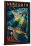 Sarasota, Florida - Sea Turtle Paper Mosaic-Lantern Press-Framed Art Print