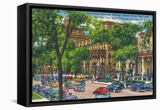 Saratoga Springs, New York - Grand Union and Rip Van Winkle Hotels View-Lantern Press-Framed Stretched Canvas