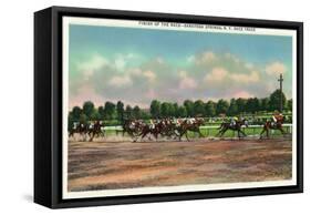 Saratoga Springs, New York - Jockeys Finishing Horse Race at Race Track-Lantern Press-Framed Stretched Canvas