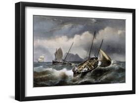 Sardine Fishing Along Coast of Bretogne, Colored Lithograph by Ferdinand Perrot (1808-1841)-null-Framed Giclee Print