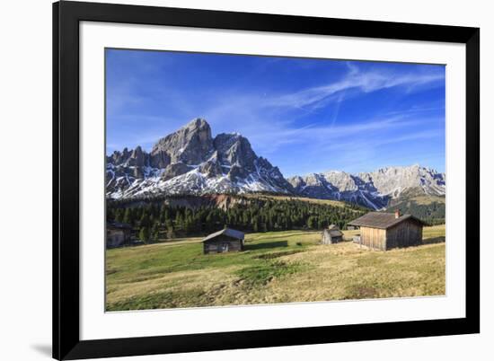 Sass de Putia in background enriched by green meadows. Passo delle Erbe. Puez Odle South Tyrol Dolo-ClickAlps-Framed Photographic Print