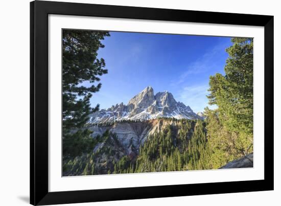 Sass de Putia in background enriched by green woods. Passo delle Erbe. Puez Odle South Tyrol Dolomi-ClickAlps-Framed Photographic Print