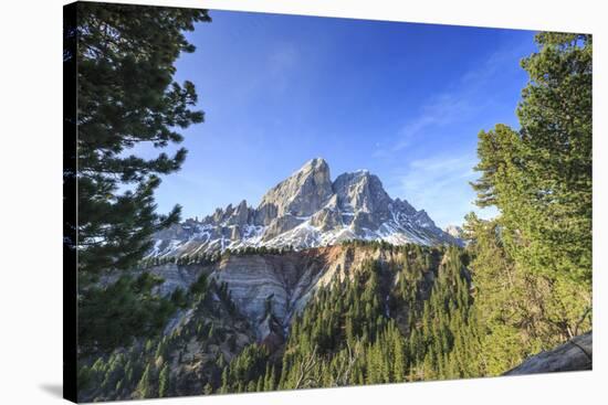 Sass de Putia in background enriched by green woods. Passo delle Erbe. Puez Odle South Tyrol Dolomi-ClickAlps-Stretched Canvas