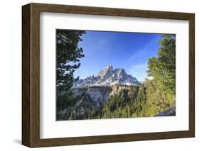 Sass de Putia in background enriched by green woods. Passo delle Erbe. Puez Odle South Tyrol Dolomi-ClickAlps-Framed Photographic Print