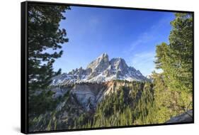 Sass de Putia in background enriched by green woods. Passo delle Erbe. Puez Odle South Tyrol Dolomi-ClickAlps-Framed Stretched Canvas