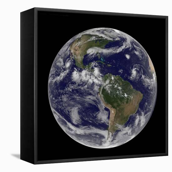 Satellite Image of Earth And Three Tropical Cyclones-Stocktrek Images-Framed Stretched Canvas