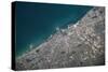 Satellite view of Chicago at the coast of Lake Michigan, USA-null-Stretched Canvas