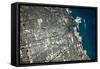 Satellite view of Chicago city at the coast of Lake Michigan, USA-null-Framed Stretched Canvas