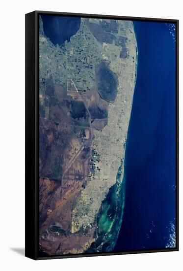 Satellite view of Miami City along Atlantic Coast, Florida, USA-null-Framed Stretched Canvas