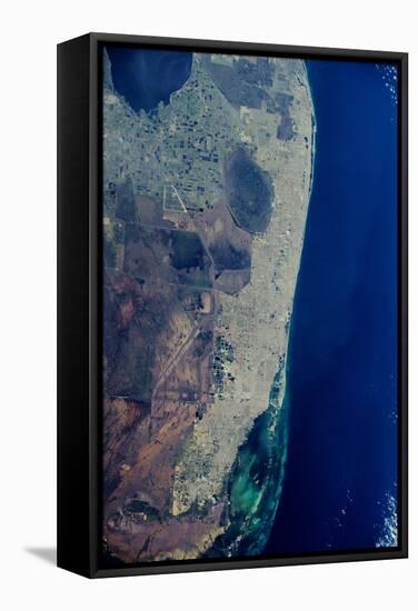 Satellite view of Miami City along Atlantic Coast, Florida, USA-null-Framed Stretched Canvas