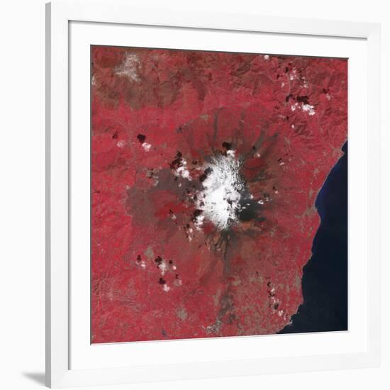 Satellite View of Mount Etna Emitting Plumes of Volcanic Gases-null-Framed Photographic Print