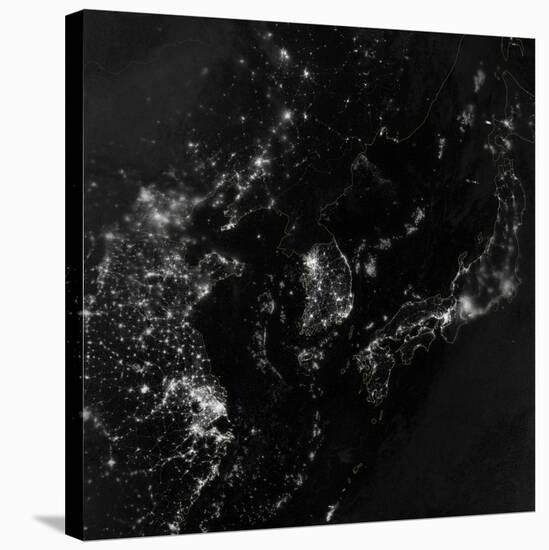 Satellite View of the Korean Peninsula Showing City Lights at Night-null-Stretched Canvas