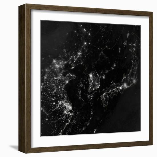 Satellite View of the Korean Peninsula Showing City Lights at Night-null-Framed Photographic Print