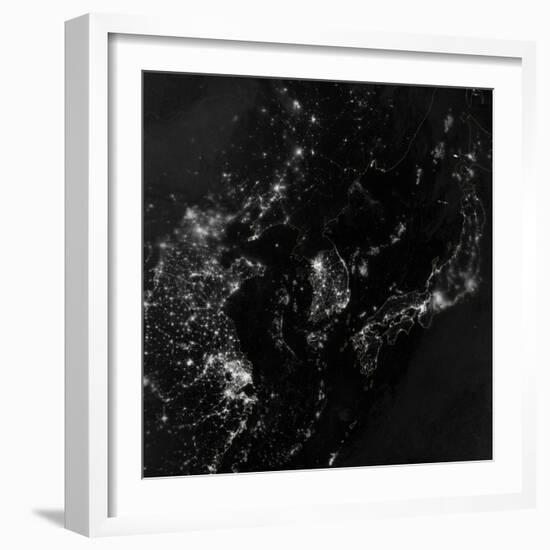 Satellite View of the Korean Peninsula Showing City Lights at Night-null-Framed Photographic Print