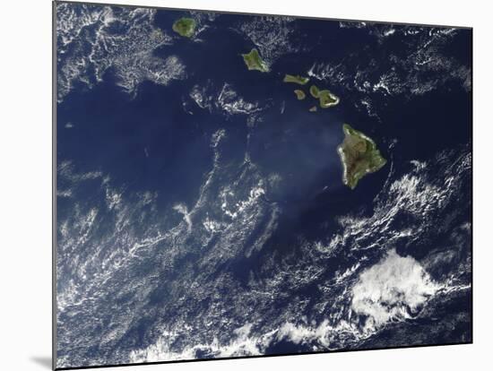 Satellite View of Volcanic Fog from Kilauea Volcano Swirling around the Hawaiian Islands-null-Mounted Photographic Print