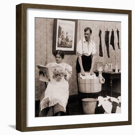 Satire of Feminism Showing an Extreme Role Reversal in a 1900's American Home-null-Framed Photo