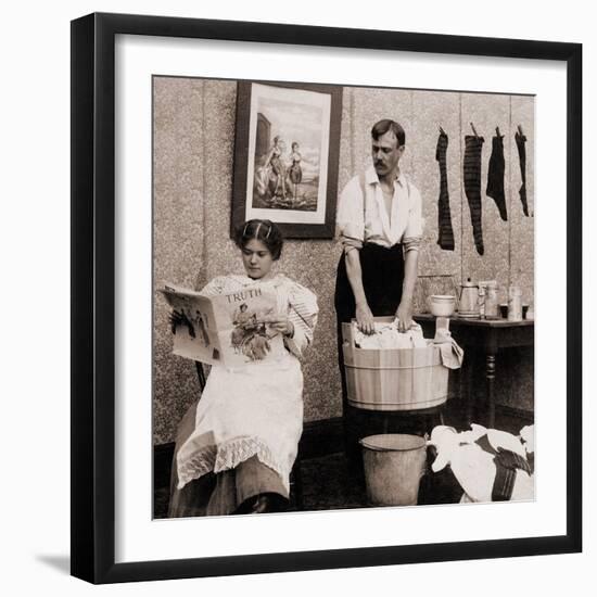 Satire of Feminism Showing an Extreme Role Reversal in a 1900's American Home-null-Framed Photo