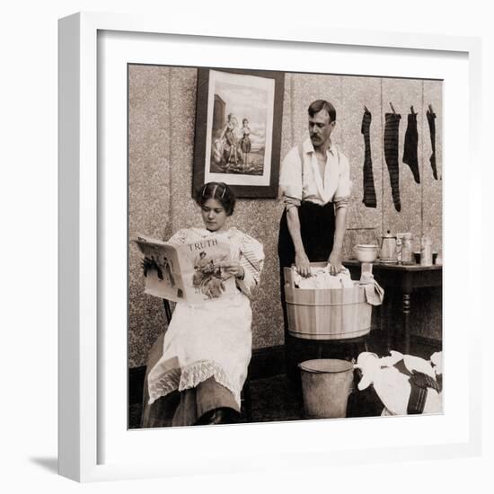 Satire of Feminism Showing an Extreme Role Reversal in a 1900's American Home-null-Framed Photo