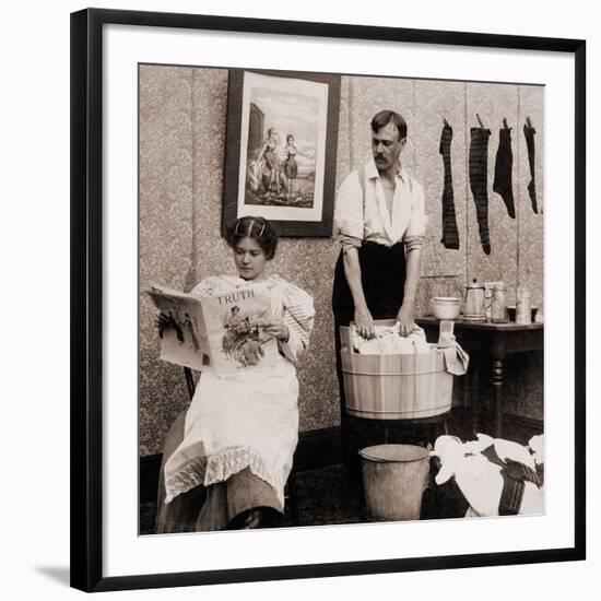 Satire of Feminism Showing an Extreme Role Reversal in a 1900's American Home-null-Framed Photo