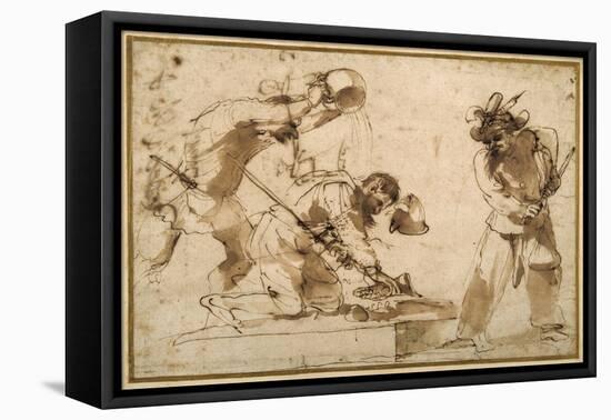 Satirical Subject with Characters from the Commedia Dell'Arte-Guercino (Giovanni Francesco Barbieri)-Framed Stretched Canvas