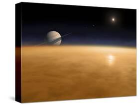 Saturn Above the Thick Atmosphere of its Moon Titan-Stocktrek Images-Stretched Canvas