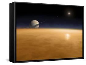 Saturn Above the Thick Atmosphere of its Moon Titan-Stocktrek Images-Framed Stretched Canvas