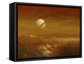 Saturn Above the Thick Atmosphere of its Moon Titan-Stocktrek Images-Framed Stretched Canvas