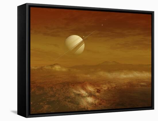 Saturn Above the Thick Atmosphere of its Moon Titan-Stocktrek Images-Framed Stretched Canvas