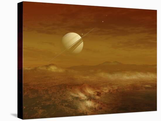 Saturn Above the Thick Atmosphere of its Moon Titan-Stocktrek Images-Stretched Canvas