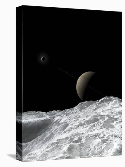 Saturn and Enceladus as Seen from the Moon Tethys-Stocktrek Images-Stretched Canvas