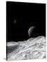 Saturn and Enceladus as Seen from the Moon Tethys-Stocktrek Images-Stretched Canvas