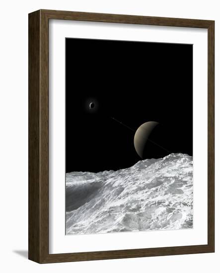 Saturn and Enceladus as Seen from the Moon Tethys-Stocktrek Images-Framed Photographic Print