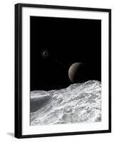 Saturn and Enceladus as Seen from the Moon Tethys-Stocktrek Images-Framed Photographic Print