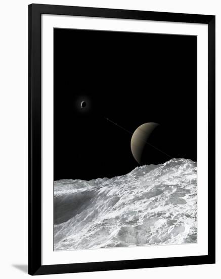 Saturn and Enceladus as Seen from the Moon Tethys-Stocktrek Images-Framed Photographic Print