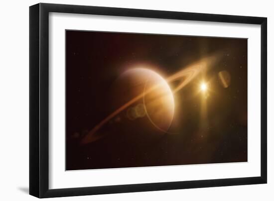 Saturn in Outer Space Against Sun and Star Field-null-Framed Premium Giclee Print