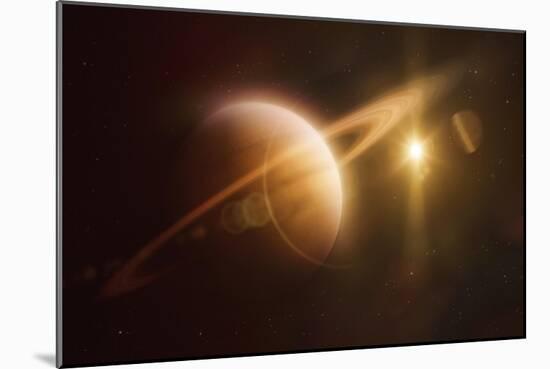 Saturn in Outer Space Against Sun and Star Field-null-Mounted Premium Giclee Print