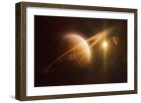 Saturn in Outer Space Against Sun and Star Field-null-Framed Art Print