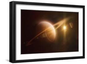 Saturn in Outer Space Against Sun and Star Field-null-Framed Art Print