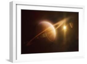 Saturn in Outer Space Against Sun and Star Field-null-Framed Art Print