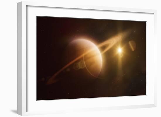 Saturn in Outer Space Against Sun and Star Field-null-Framed Art Print