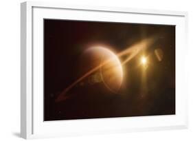 Saturn in Outer Space Against Sun and Star Field-null-Framed Art Print