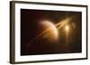 Saturn in Outer Space Against Sun and Star Field-null-Framed Art Print